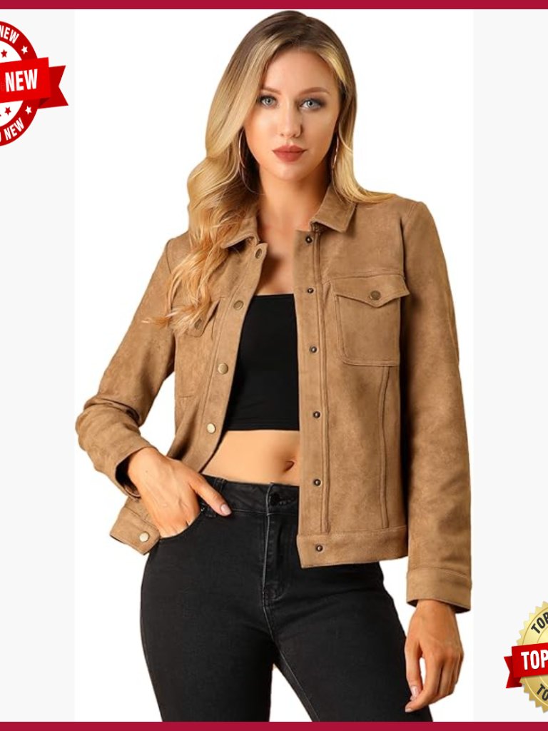 Faux Suede Western Jacket Snap Button Flap Pockets Loose Fit Casual